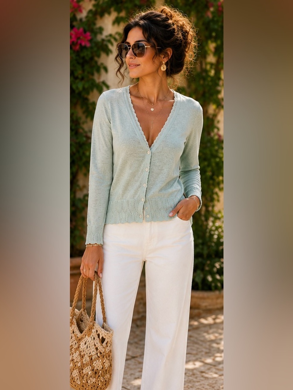 Knitted & Knotted Anthropologie Mint Chiffon Back Cardigan | Medium